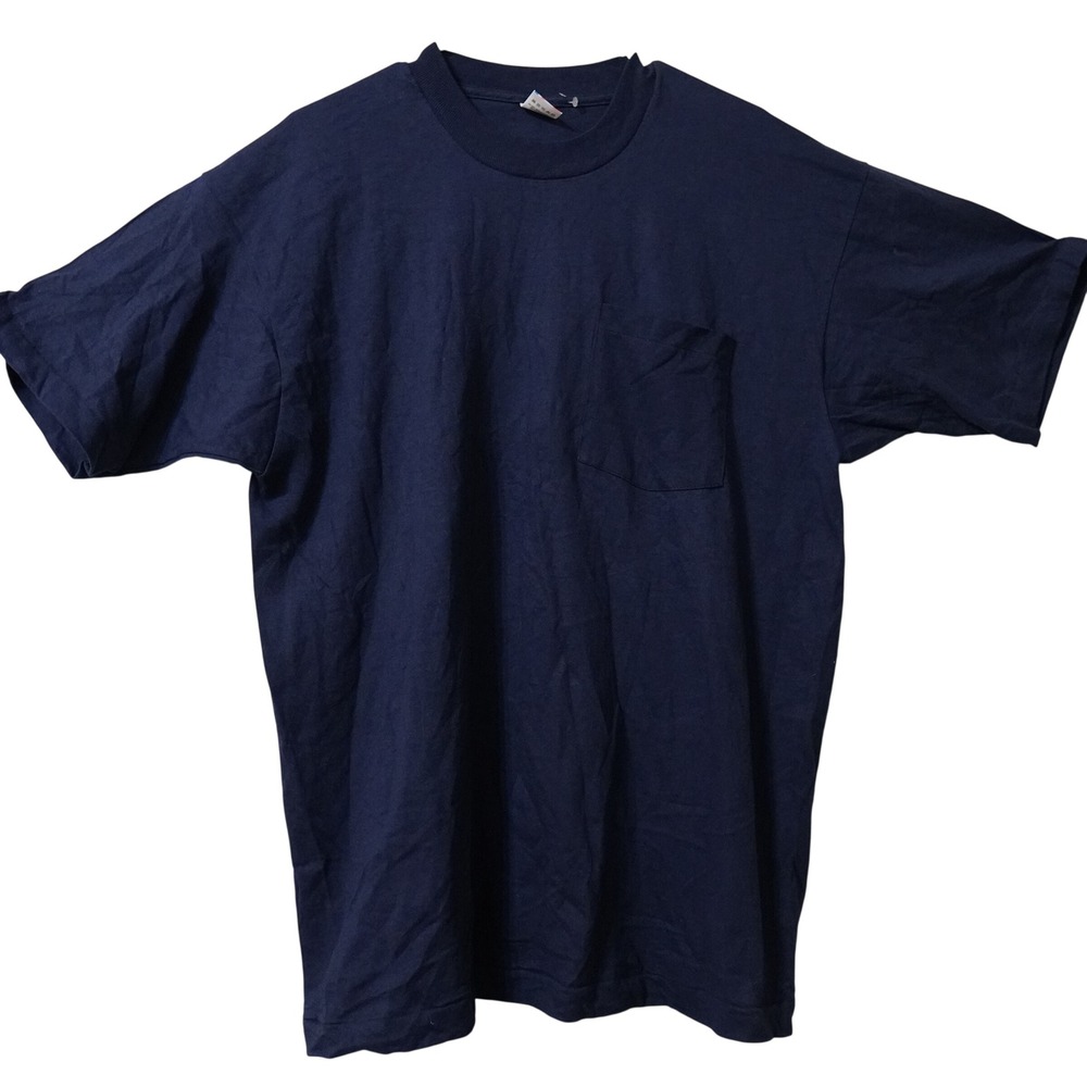 Vintage Fruit of the Loom Pocket T-Shirt Mens XL Navy Single Stitch USA 100%Cott